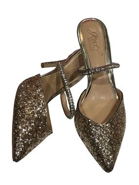Jewel by Badgley Mischa Golden Heels Shoes Sequins Women's Size 5.5 5 1/2